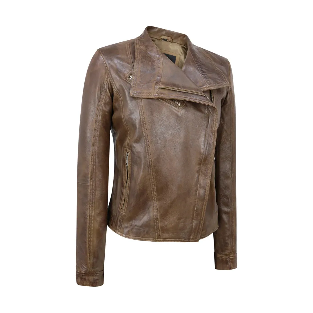 Women's Cross Zip Brown Biker Jacket Washed Soft sold by Tru Clothing product image thumbnail 2