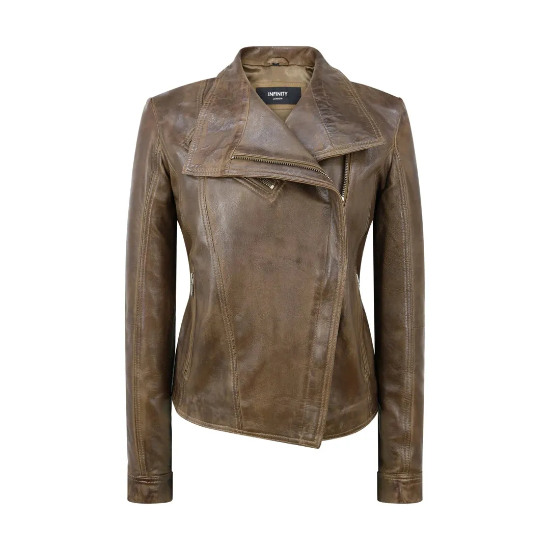 Women's Cross Zip Brown Biker Jacket Washed Soft sold by Tru Clothing