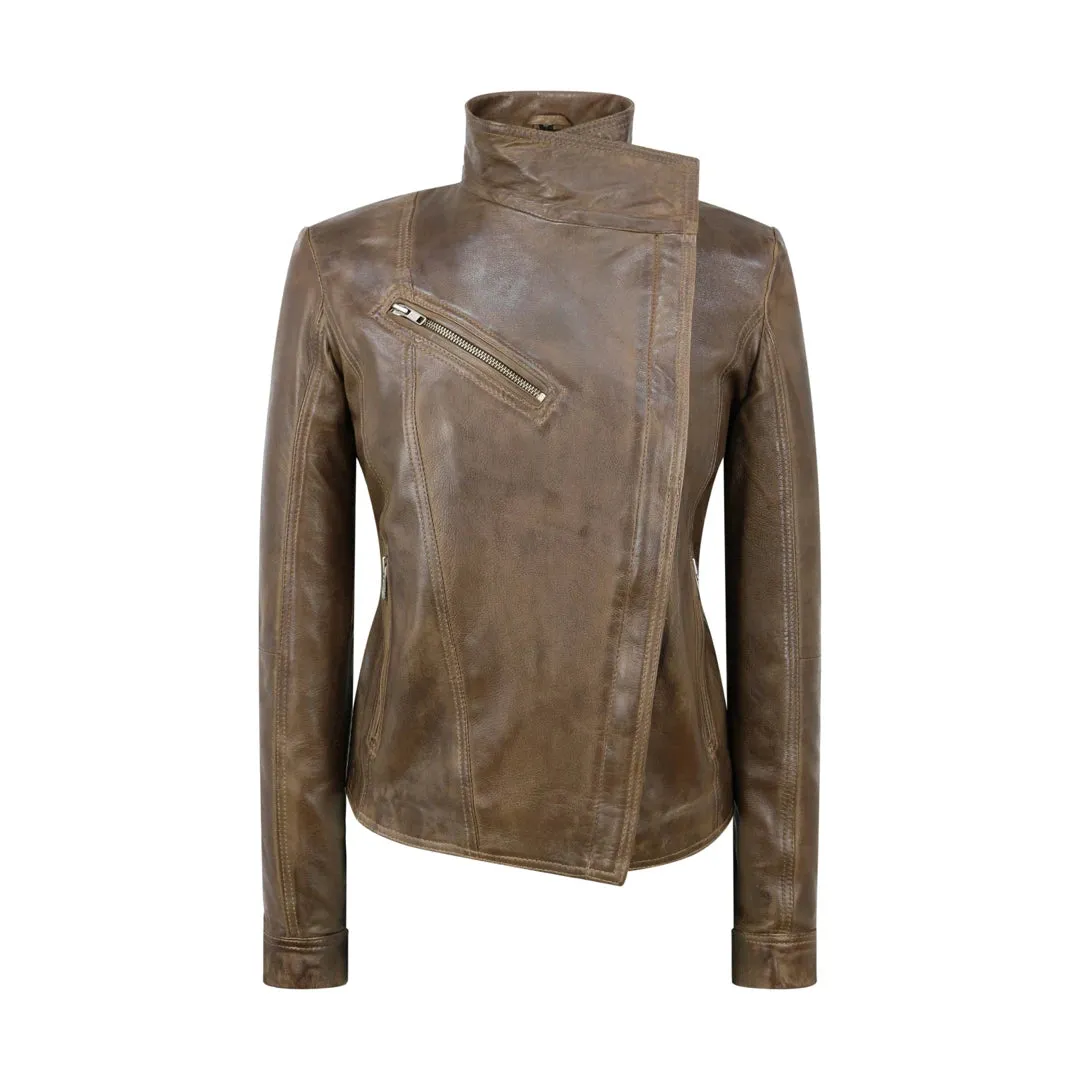 Women's Cross Zip Brown Biker Jacket Washed Soft sold by Tru Clothing product image thumbnail 3