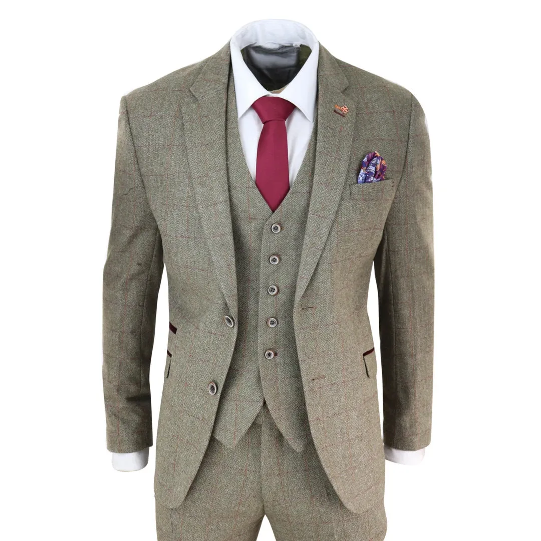 Gaston - Men's Tweed Check Olive Green Wine Suit Wedding sold by Tru Clothing