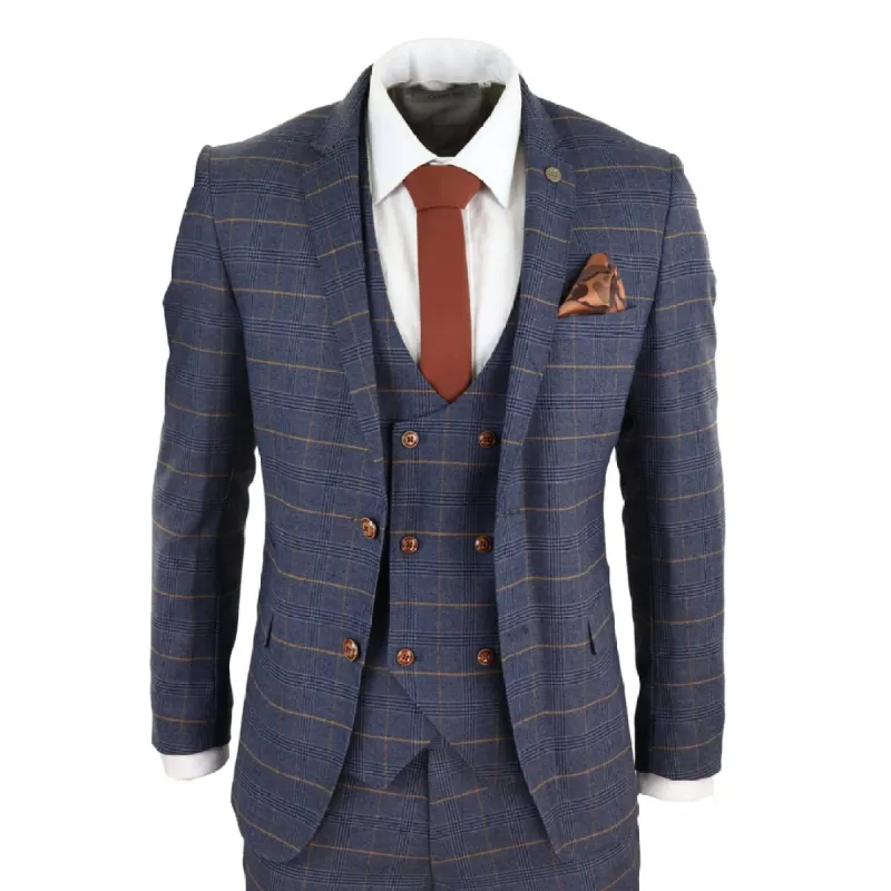 Jenson - Men's 3 Piece Navy Blue Tan Check Double Breasted Waistcoat Suit sold by Tru Clothing