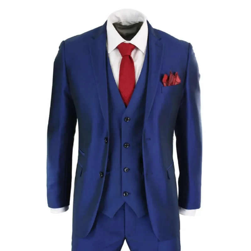 Kingsley - Men's 3 Piece Shiny Blue Wedding Prom Party Suit Formal sold by Tru Clothing