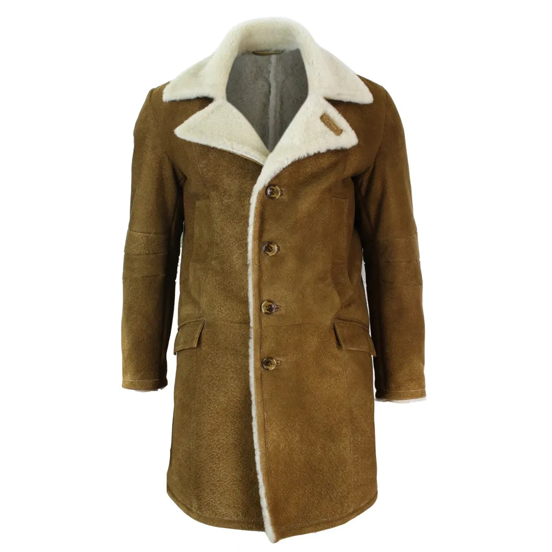Men's Sherling Sheepskin Tan Brown Crombi 3/4 Overcoat Winter Warm sold by Tru Clothing