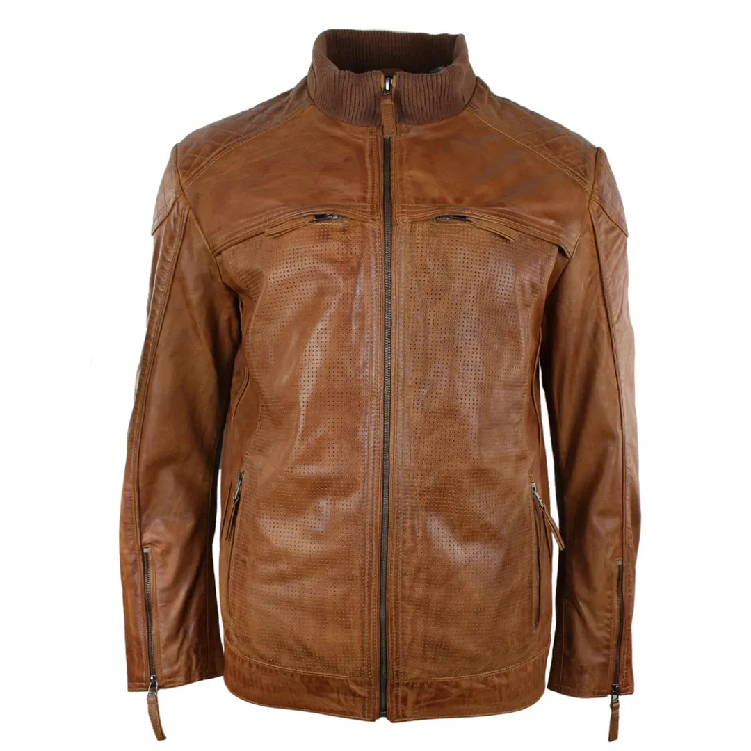 Men's Tan Brown Biker Jacket Perforated With Zip sold by Tru Clothing
