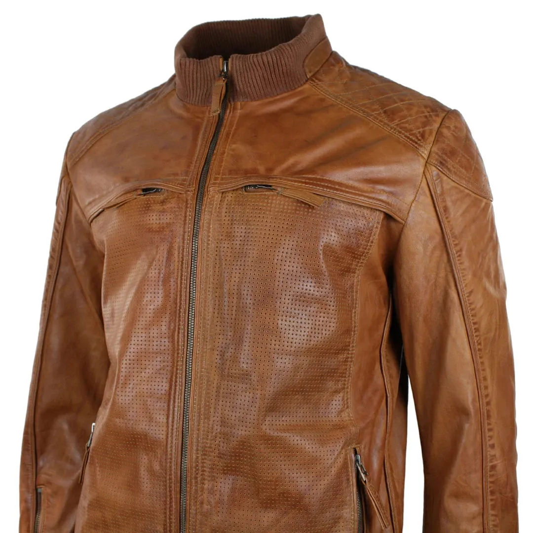 Men's Tan Brown Biker Jacket Perforated With Zip sold by Tru Clothing product image thumbnail 3