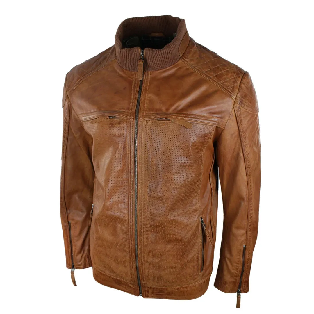 Men's Tan Brown Biker Jacket Perforated With Zip sold by Tru Clothing product image thumbnail 2