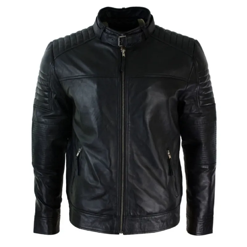 Men's Black Leather Cross Zip Biker Racer Jacket sold by Tru Clothing
