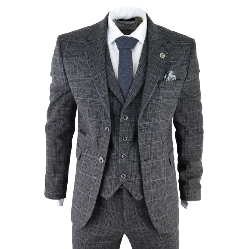 AK-12 - Men's Grey Tweed 3 Piece Suit Blue Check 1920s Gatsby Blinders sold by Tru Clothing