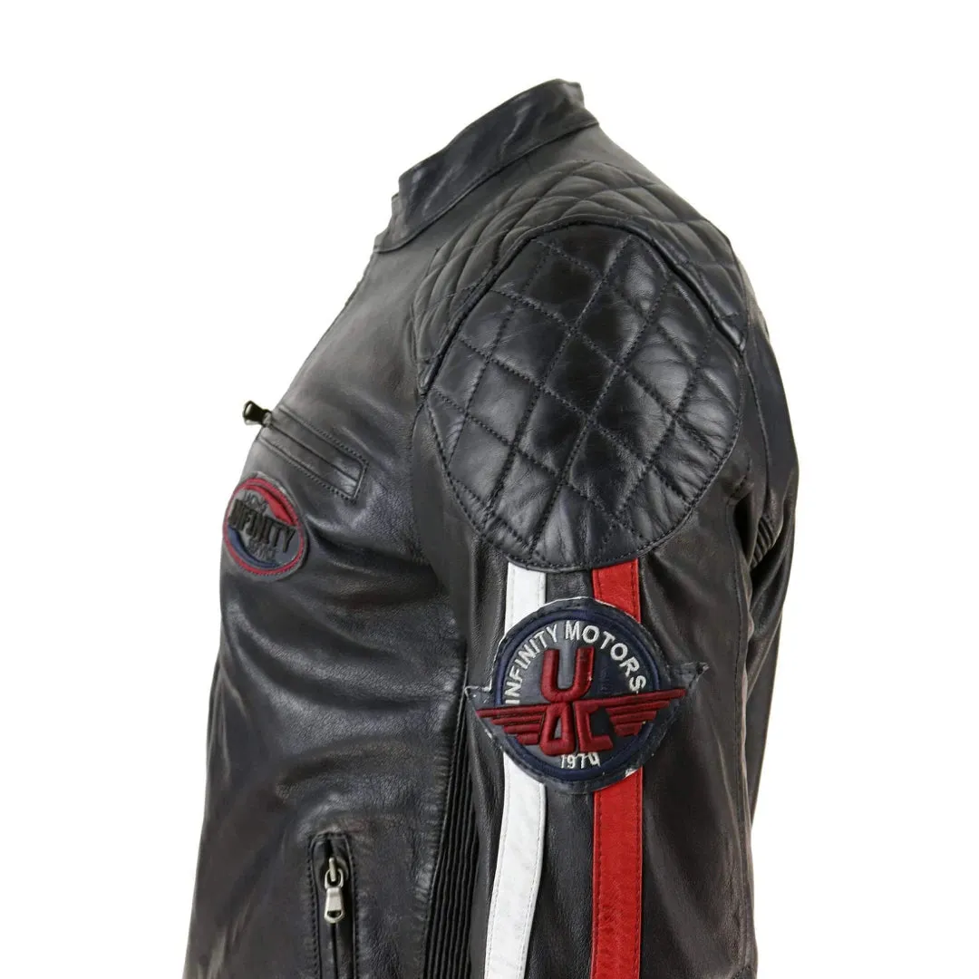 Men's Black Navy Brown Leather Racing Jacket Stripe Sleeves Moto Biker sold by Tru Clothing product image thumbnail 4