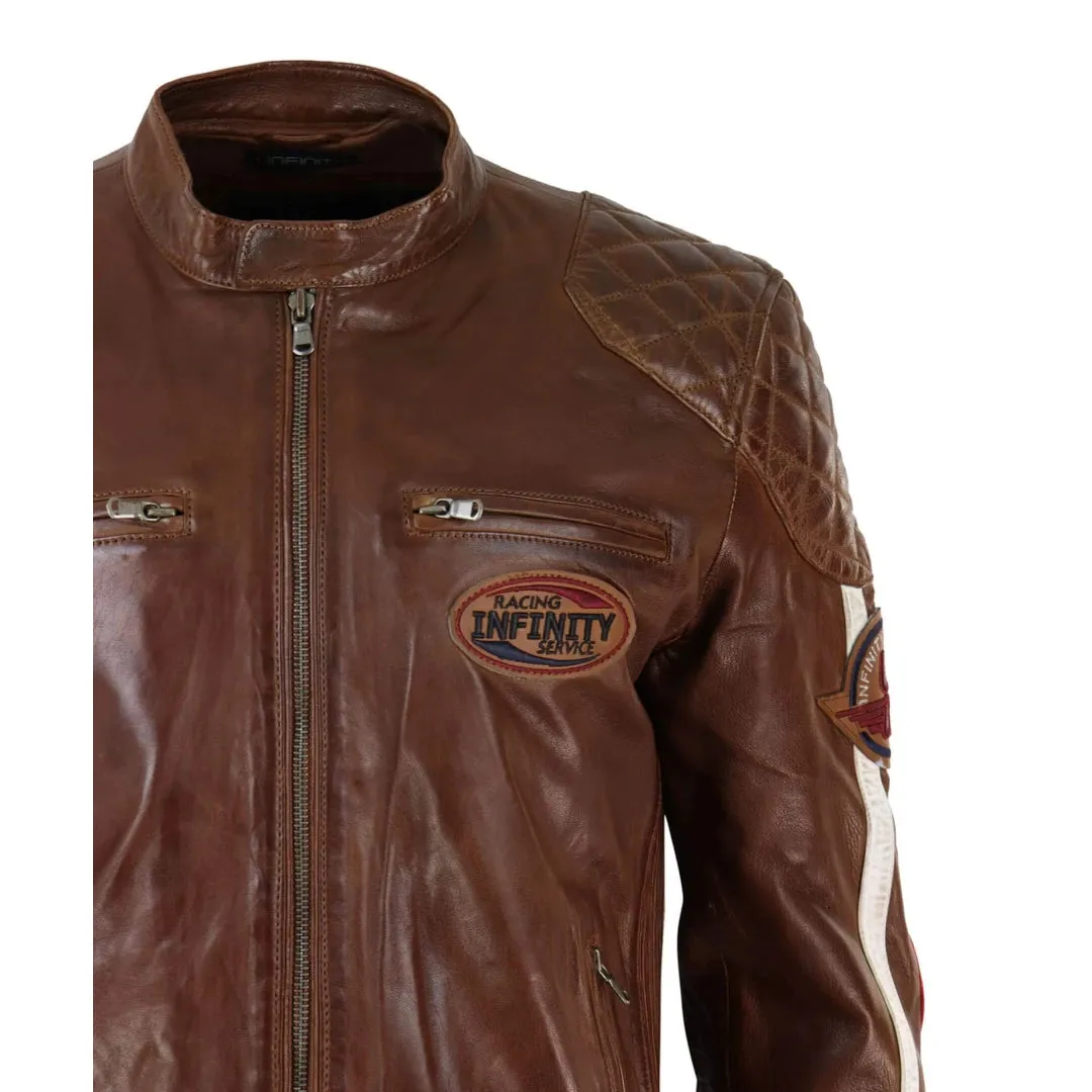 Men's Black Navy Brown Leather Racing Jacket Stripe Sleeves Moto Biker sold by Tru Clothing product image thumbnail 5