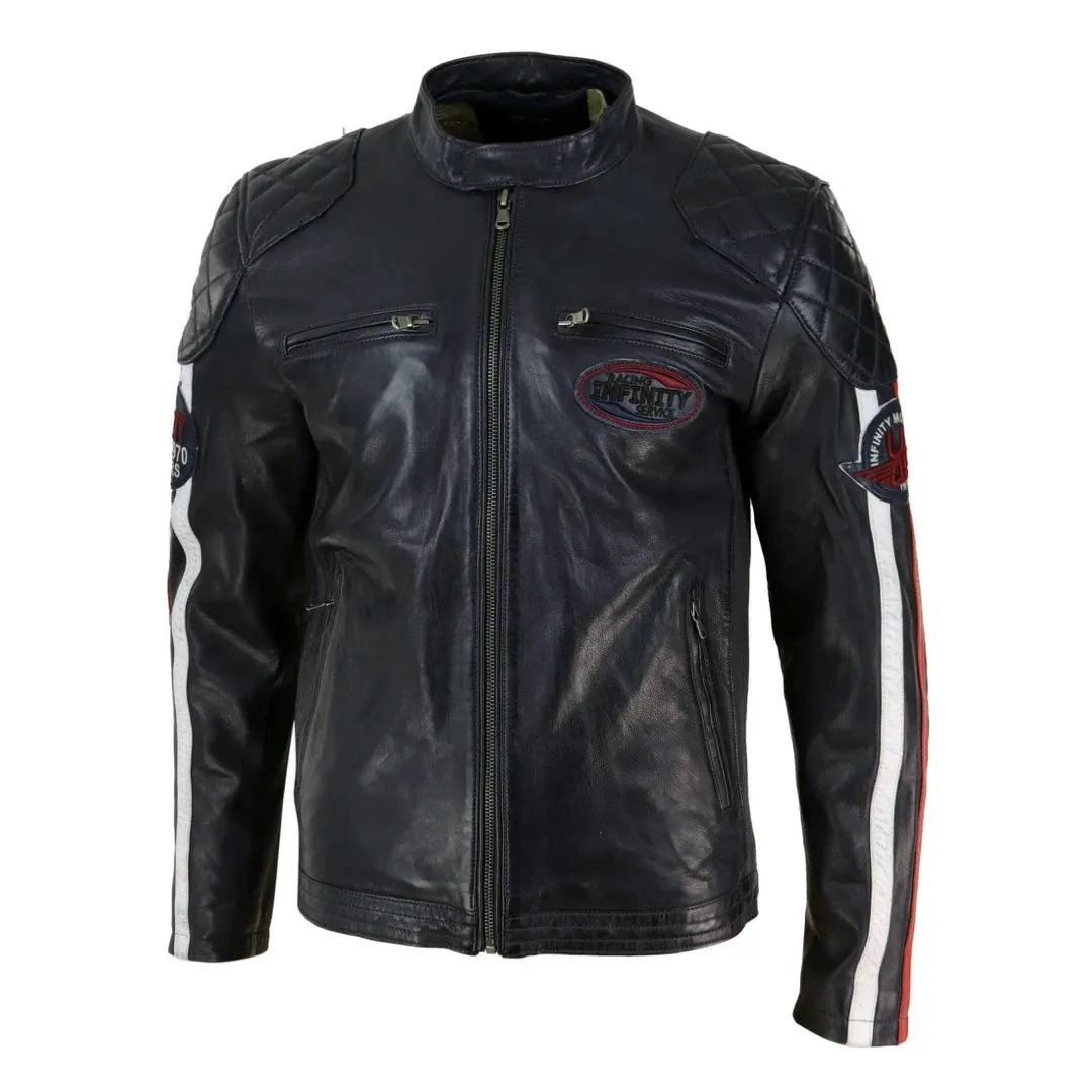 Men's Black Navy Brown Leather Racing Jacket Stripe Sleeves Moto Biker sold by Tru Clothing product image thumbnail 2