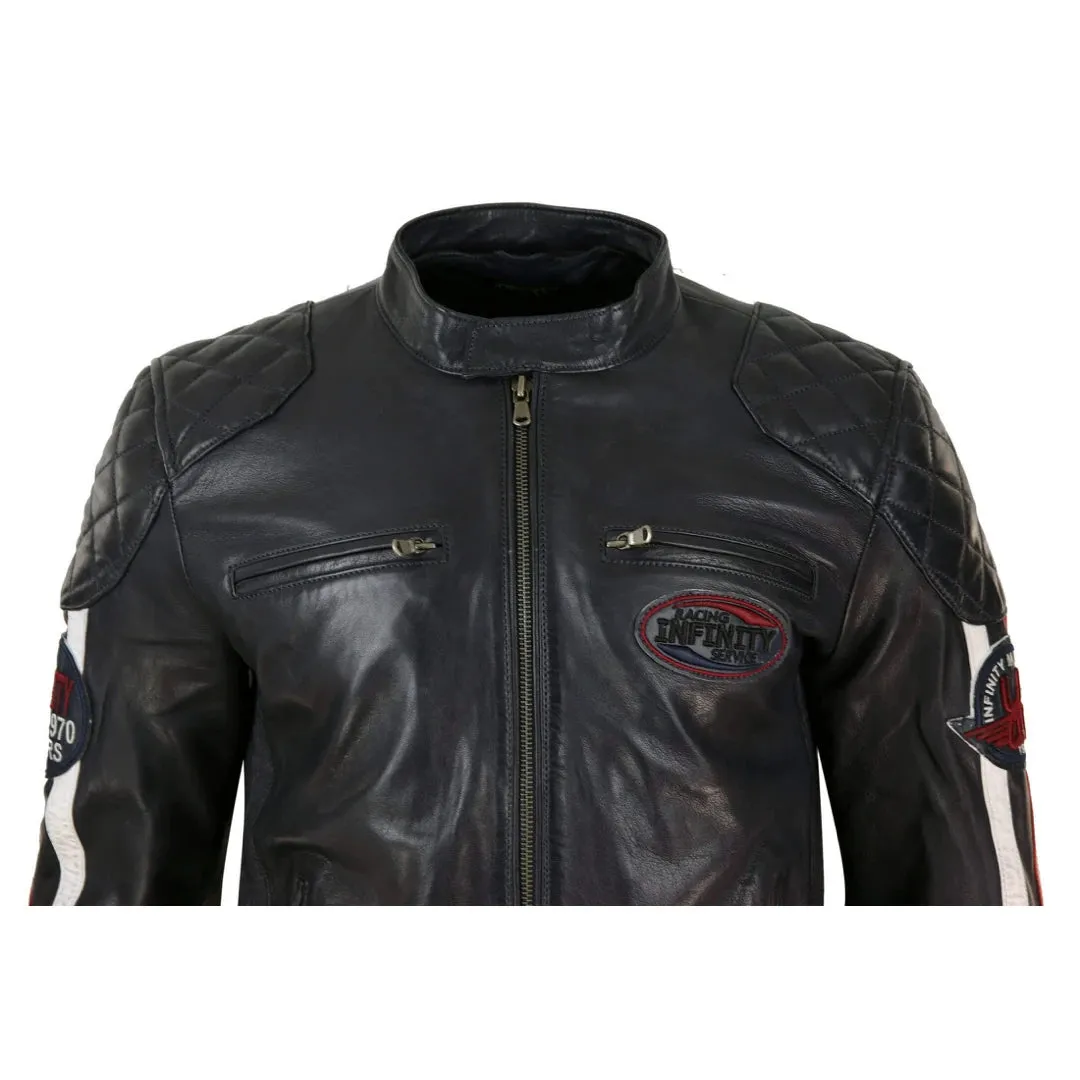 Men's Black Navy Brown Leather Racing Jacket Stripe Sleeves Moto Biker sold by Tru Clothing product image thumbnail 3