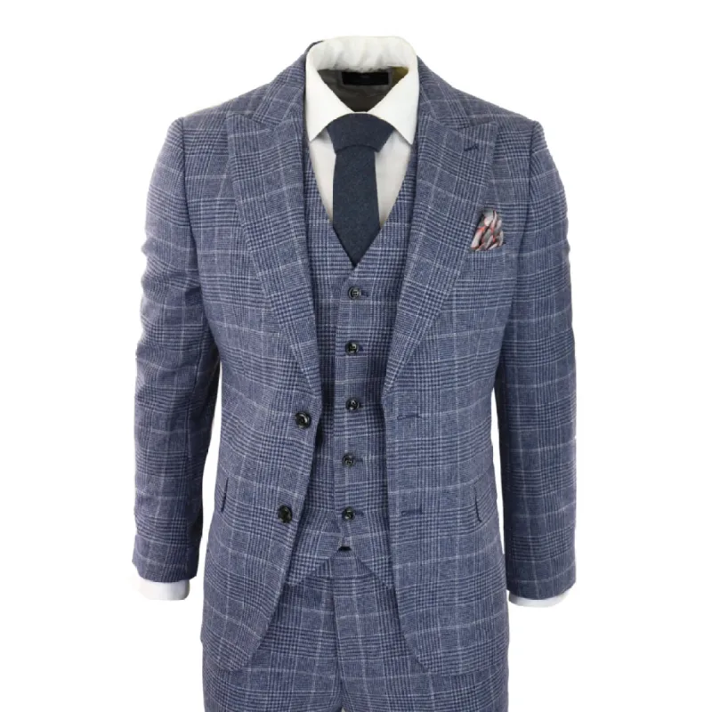 Men's Tweed Wool Check Suit 3 Piece Classic Blue Grey sold by Tru Clothing
