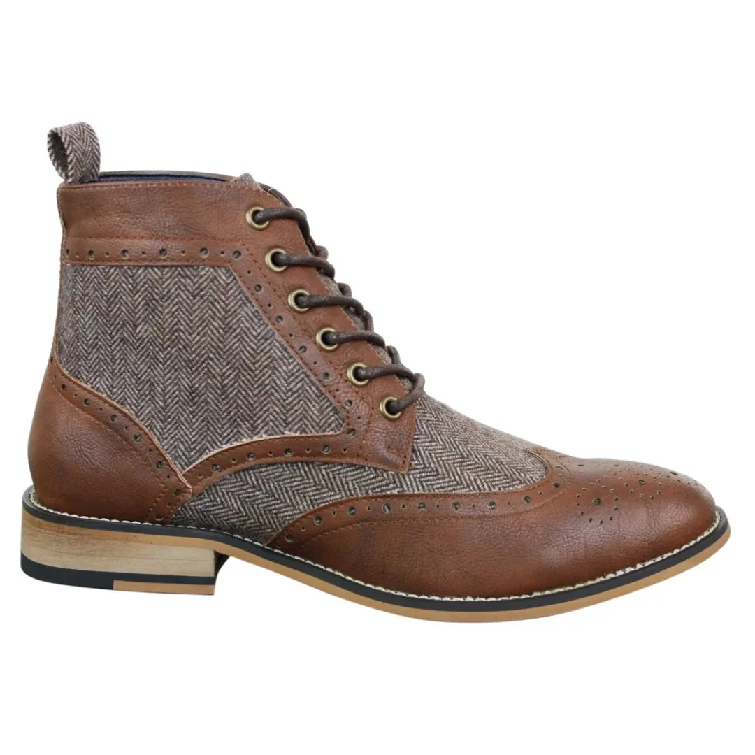 Cavani Sherlock - Mens Leather & Tweed Herringbone Ankle Boots sold by Tru Clothing