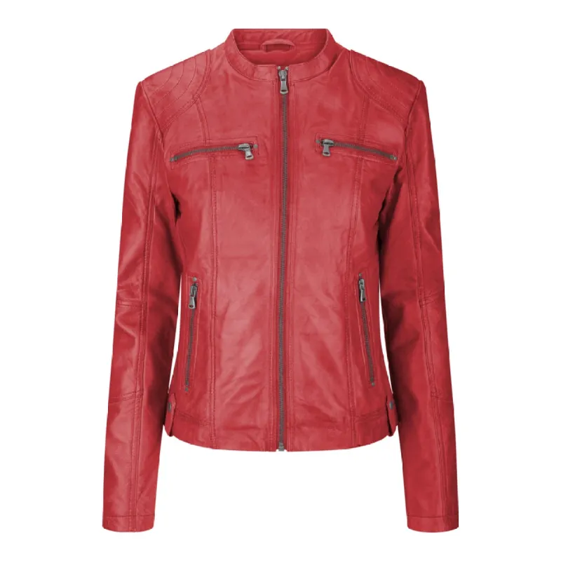 Women's Leather Jacket Short Fitted Red Chinese Collar sold by Tru Clothing
