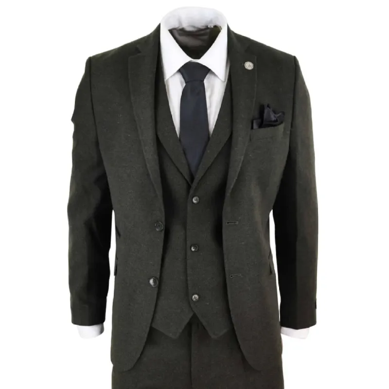 STZ11 - Men's Wool 3 Piece Suit Tweed Olive Green Black Classic sold by Tru Clothing