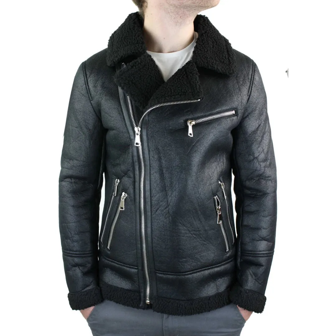 Men's Shearling Sheepskin Faux Fur B3 Aviator Flying Jacket Cross Zip RAF Black sold by Tru Clothing product image thumbnail 4