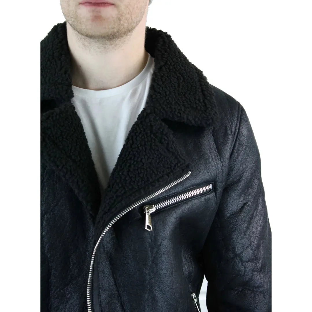 Men's Shearling Sheepskin Faux Fur B3 Aviator Flying Jacket Cross Zip RAF Black sold by Tru Clothing product image thumbnail 2