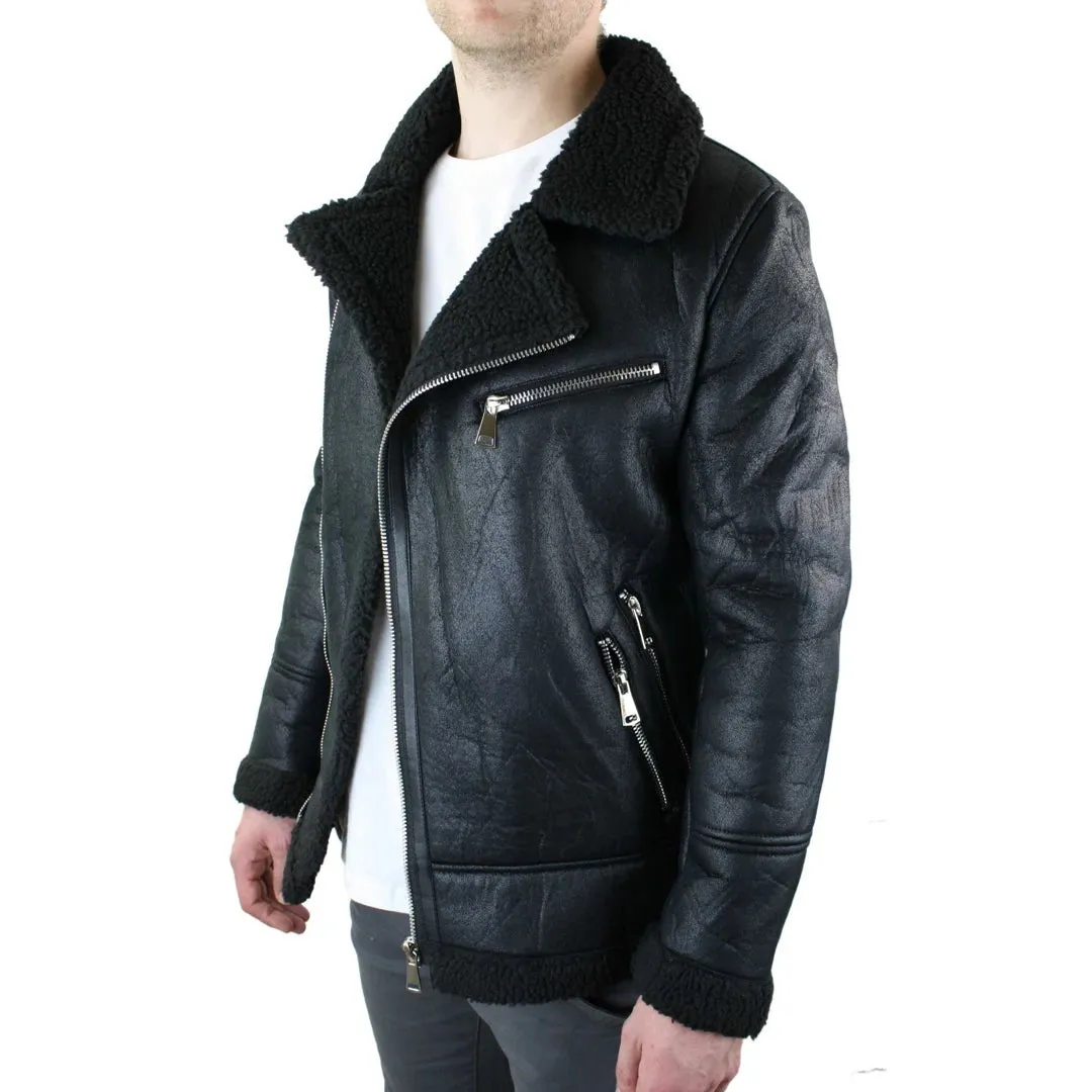Men's Shearling Sheepskin Faux Fur B3 Aviator Flying Jacket Cross Zip RAF Black sold by Tru Clothing product image thumbnail 3