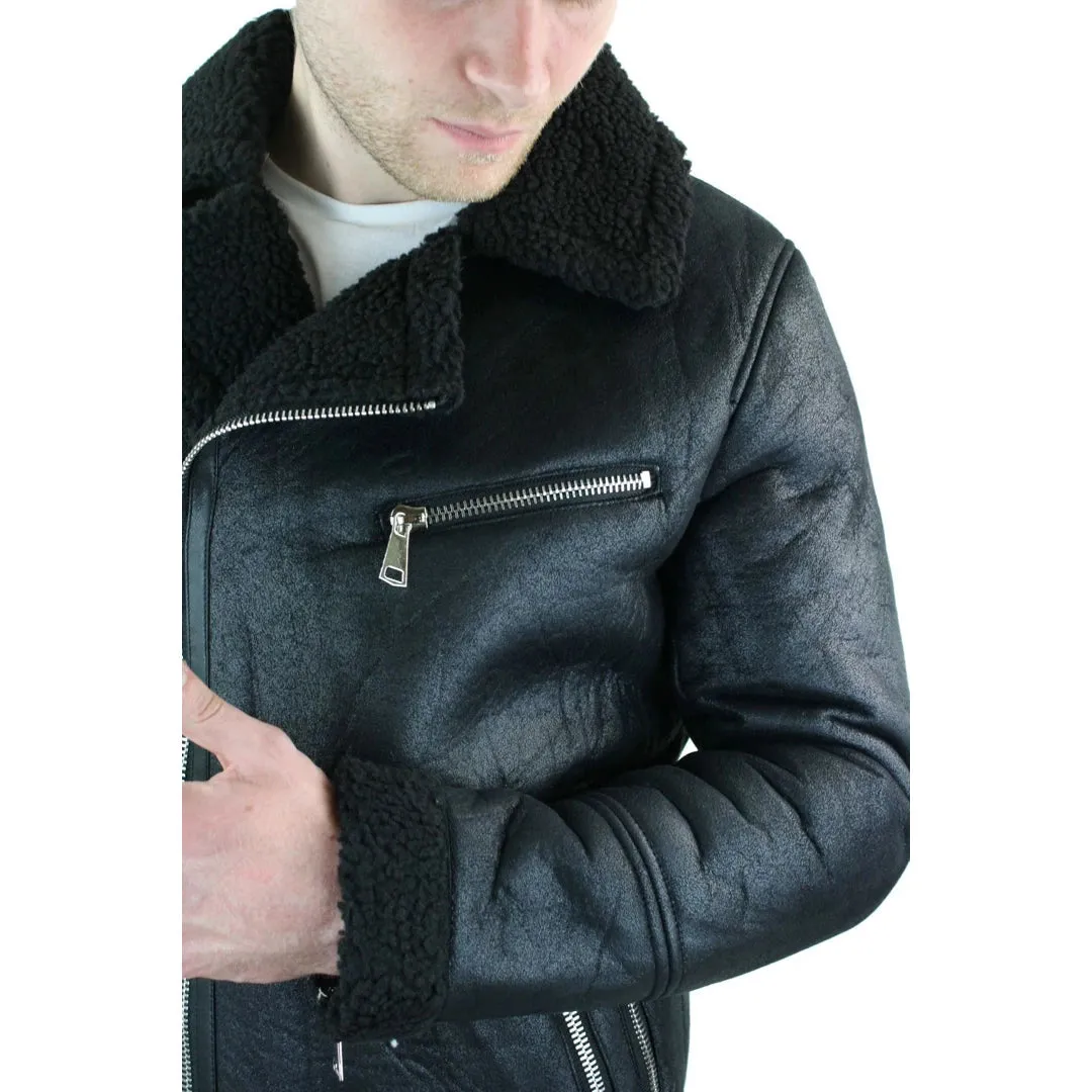 Men's Shearling Sheepskin Faux Fur B3 Aviator Flying Jacket Cross Zip RAF Black sold by Tru Clothing product image thumbnail 5