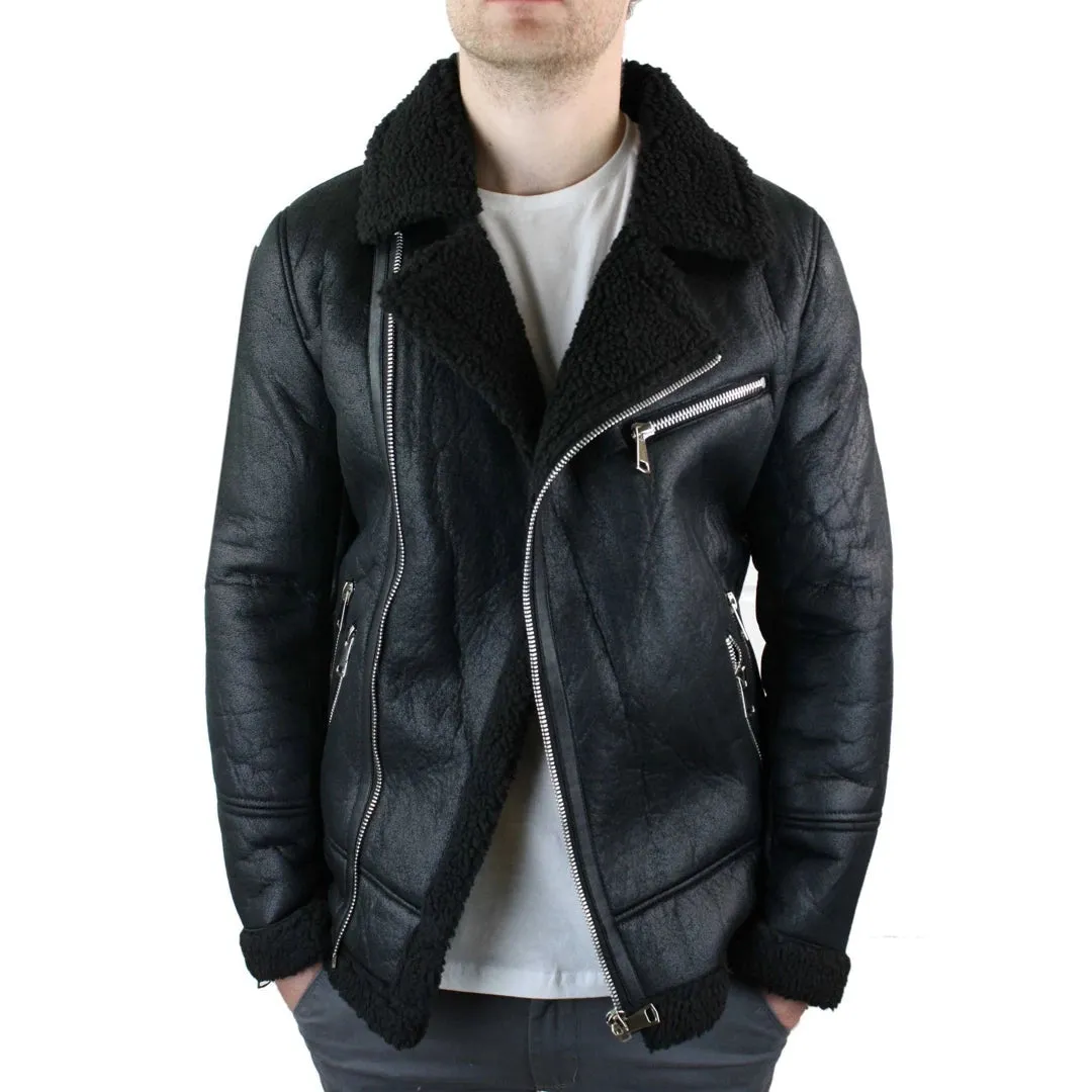Men's Shearling Sheepskin Faux Fur B3 Aviator Flying Jacket Cross Zip RAF Black sold by Tru Clothing