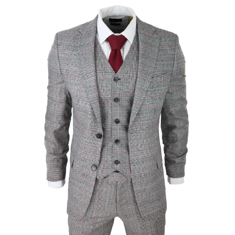 BR22-C10 - Men's 3 Piece Grey Suit Black Red Check Wedding Prom Races sold by Tru Clothing