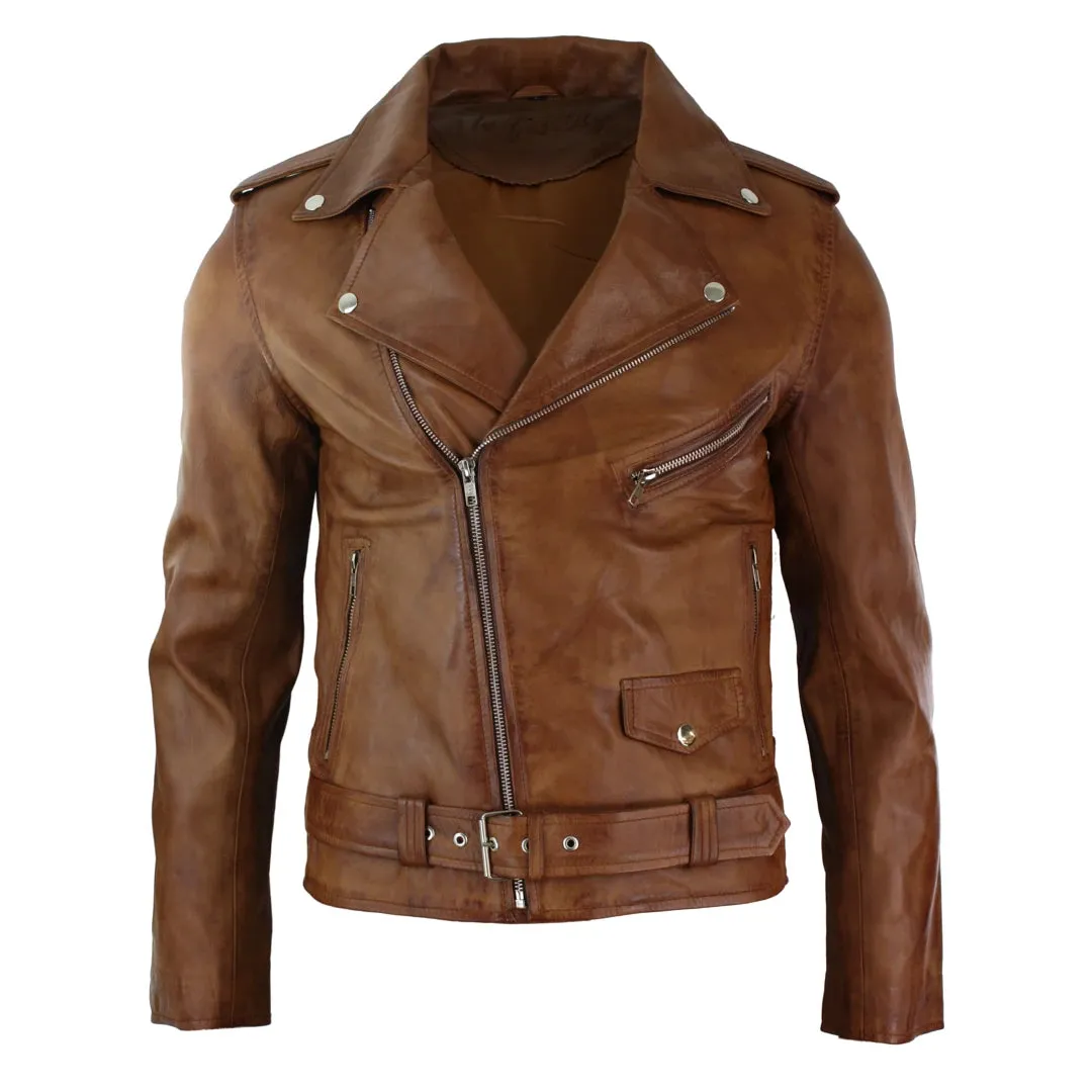 Men's Cross Zip Tan Brown Brando Soft Leather Jacket sold by Tru Clothing