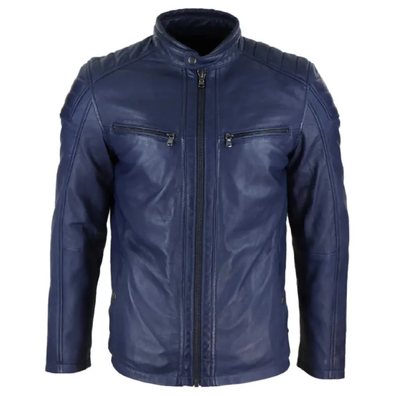 Men's Leather Jacket Biker Zipped Tailored Fit sold by Tru Clothing