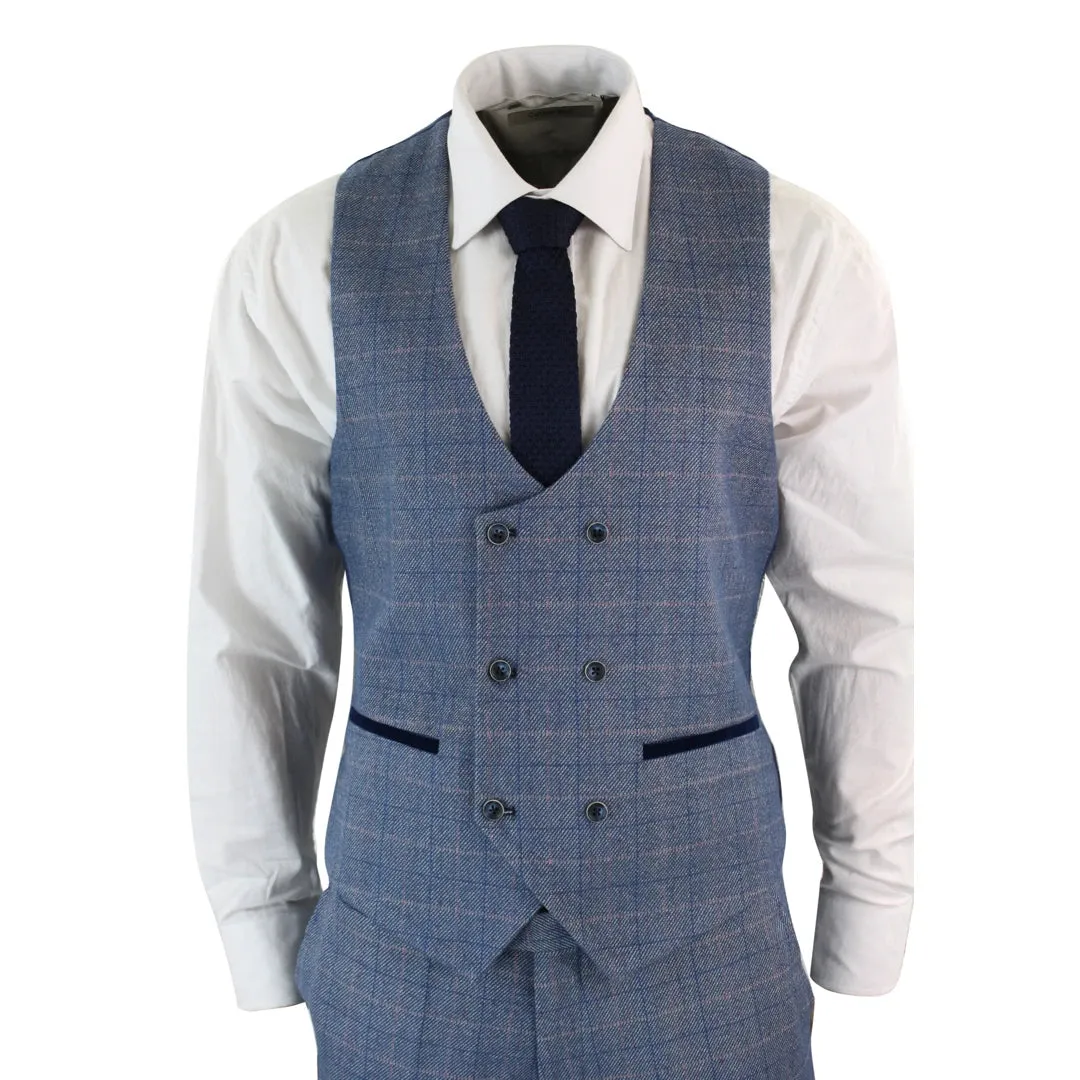 Hilton- Men's Blue Check 3 Piece Suit Double Breasted Waistcoat Elbow Patch sold by Tru Clothing product image thumbnail 5