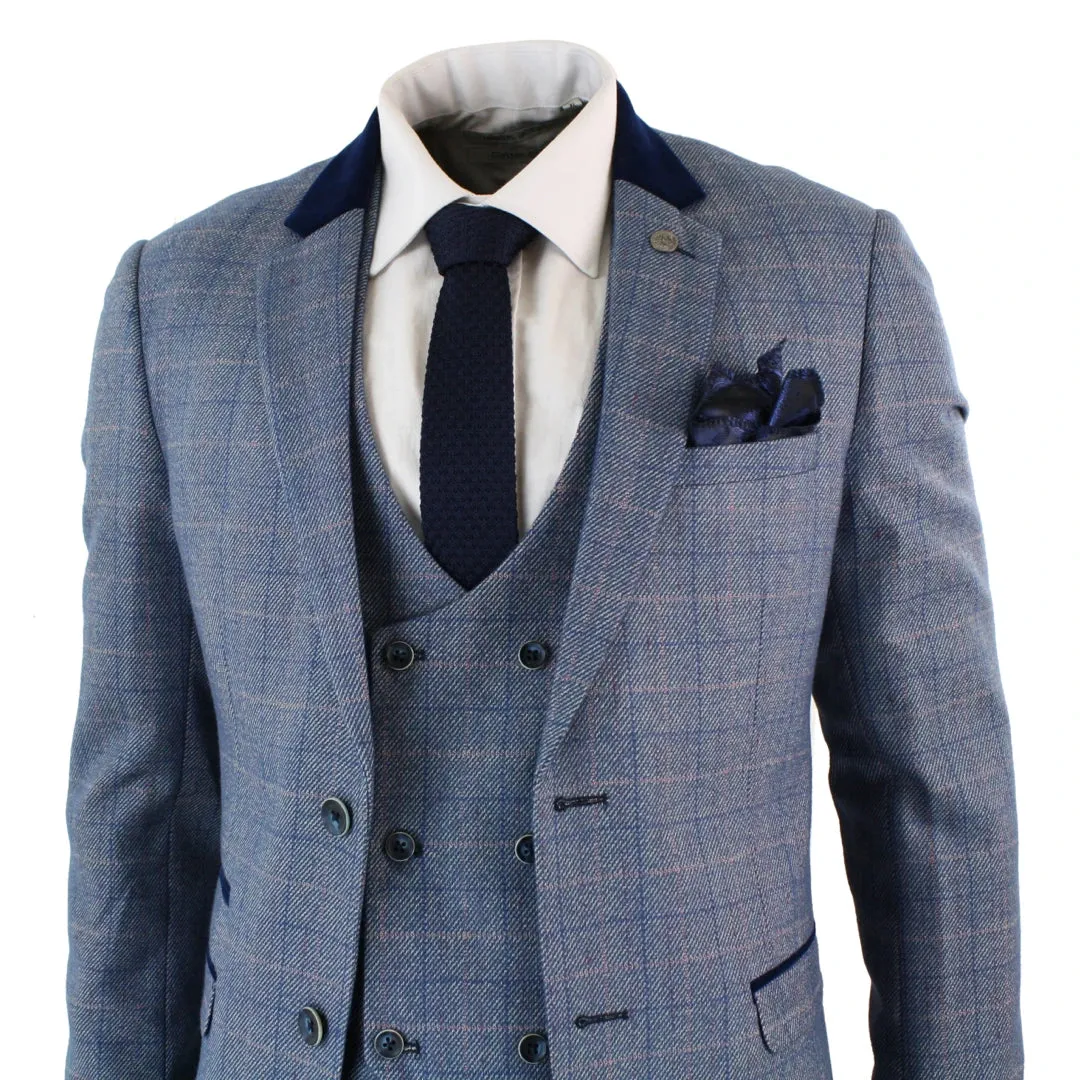 Hilton- Men's Blue Check 3 Piece Suit Double Breasted Waistcoat Elbow Patch sold by Tru Clothing product image thumbnail 3