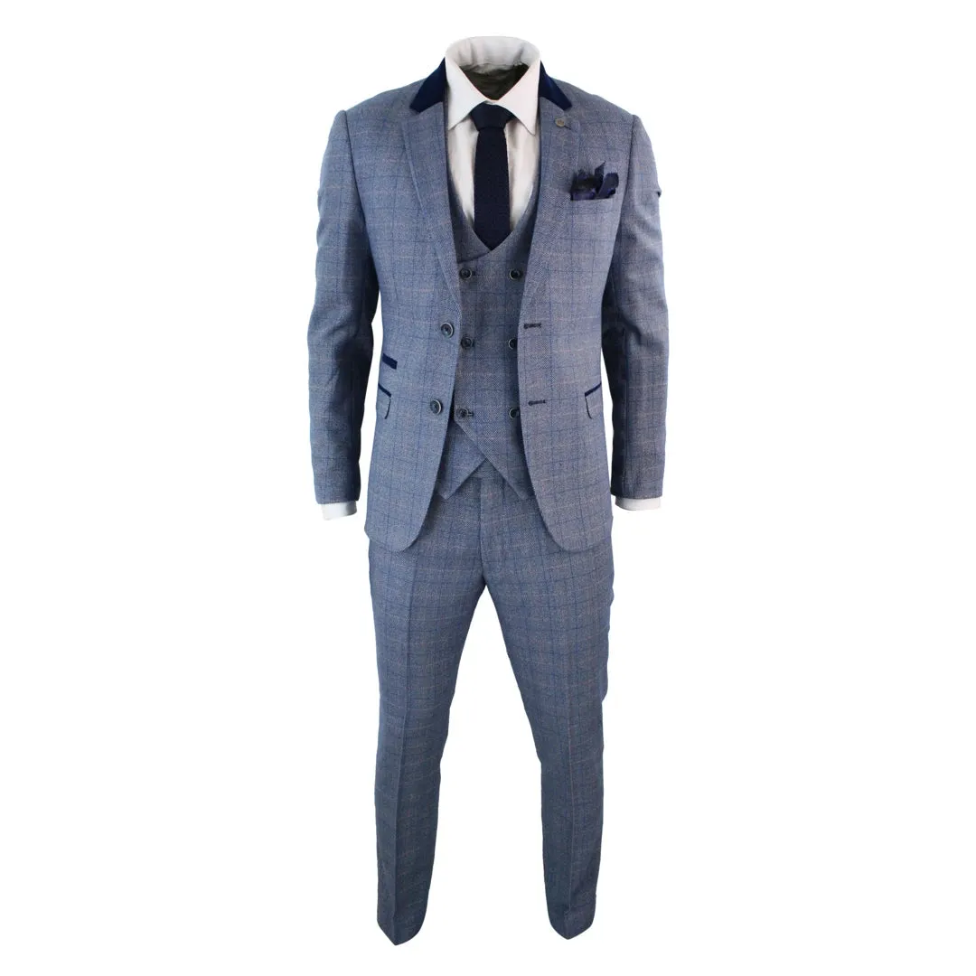 Hilton- Men's Blue Check 3 Piece Suit Double Breasted Waistcoat Elbow Patch sold by Tru Clothing product image thumbnail 2