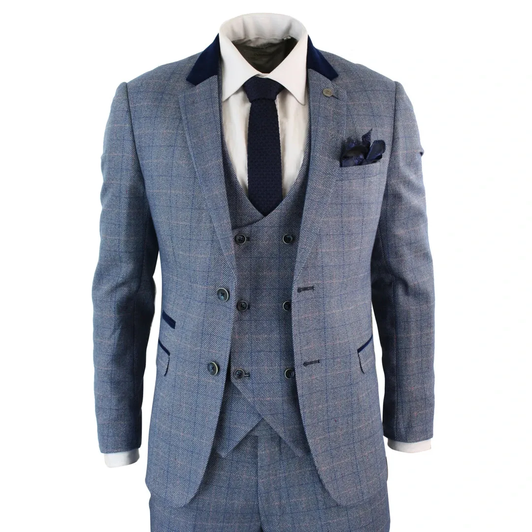 Hilton- Men's Blue Check 3 Piece Suit Double Breasted Waistcoat Elbow Patch sold by Tru Clothing