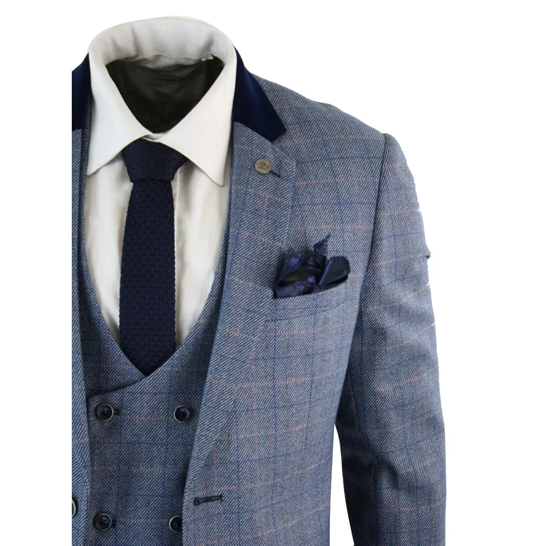 Hilton- Men's Blue Check 3 Piece Suit Double Breasted Waistcoat Elbow Patch sold by Tru Clothing product image thumbnail 4