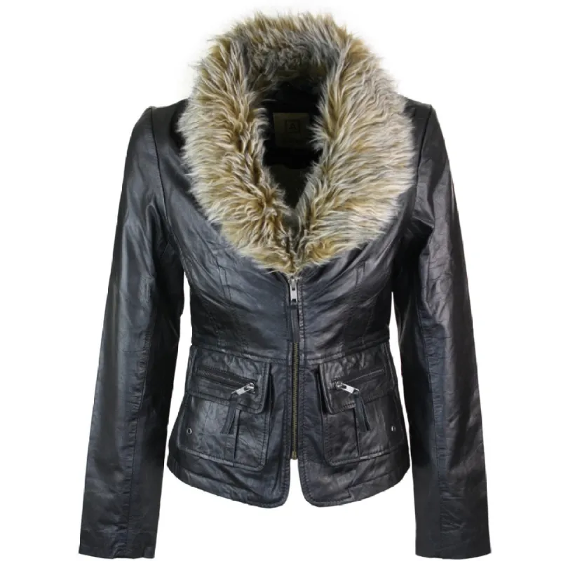 Women's New Short Black Leather Jacket Coat Faux Fur Collar sold by Tru Clothing