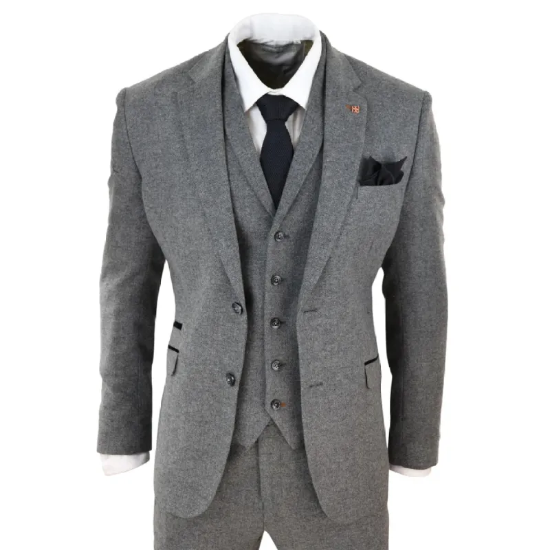 Martez - Men's 3 Piece Wool Suit Herringbone Tweed Dark Grey Formal Classic 1920s Wedding sold by Tru Clothing