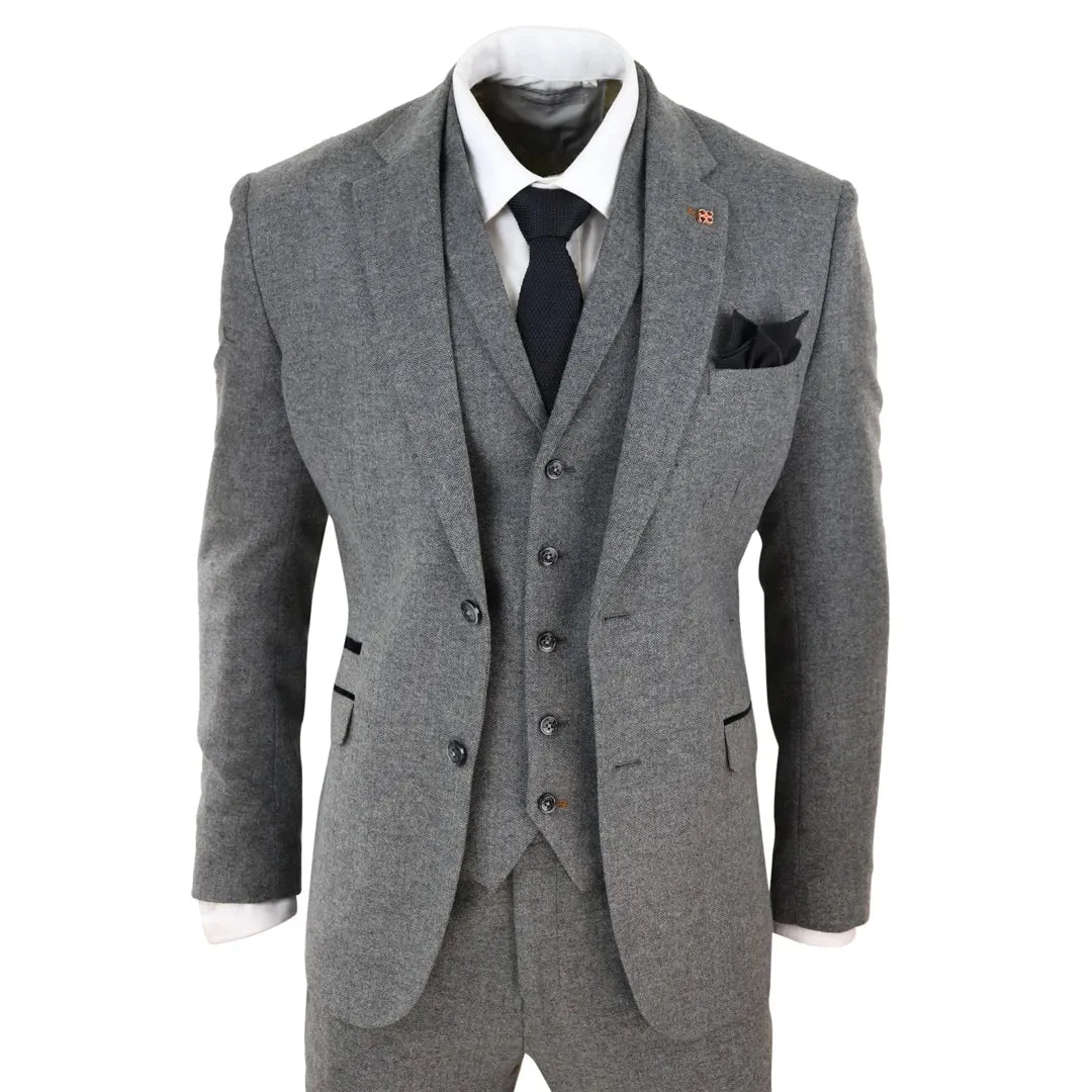 Martez - Men's 3 Piece Wool Suit Herringbone Tweed Dark Grey Formal Classic 1920s Wedding sold by Tru Clothing