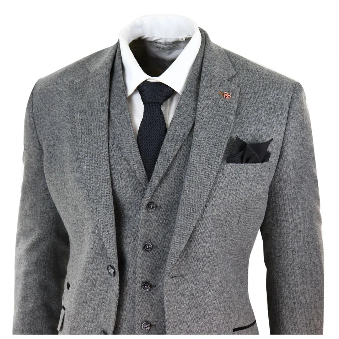 Martez - Men's 3 Piece Wool Suit Herringbone Tweed Dark Grey Formal Classic 1920s Wedding sold by Tru Clothing product image thumbnail 4