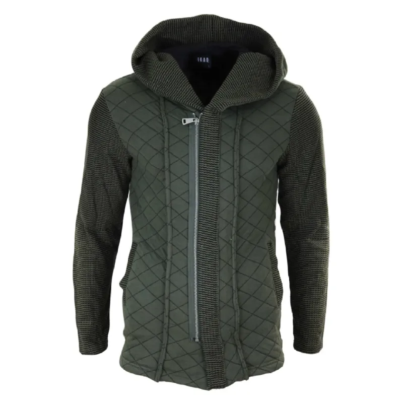 Men's Hood Zip Olive Green Knitted Jumper Diamond Quilted Cardigan sold by Tru Clothing