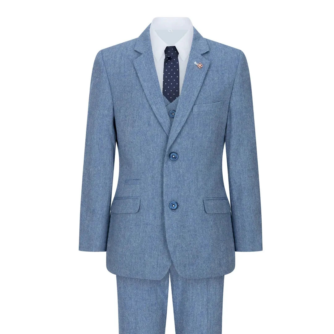 Wells - Boys 3 Piece Wool Suit Light Blue Tweed 1920s Classic 4 Pocket Waistcoat sold by Tru Clothing