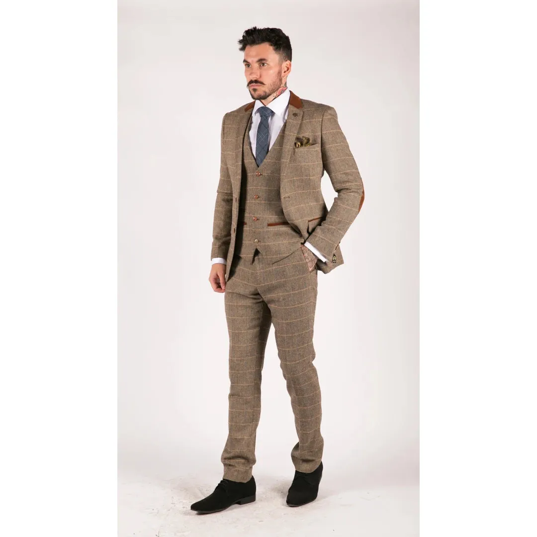 Dx7 - Men's Check Herringbone Tweed Tan Brown 3 Piece Suit Wedding sold by Tru Clothing product image thumbnail 2