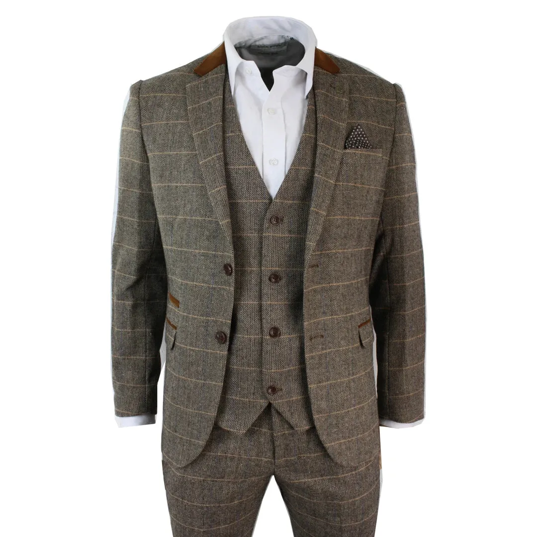 Dx7 - Men's Check Herringbone Tweed Tan Brown 3 Piece Suit Wedding sold by Tru Clothing