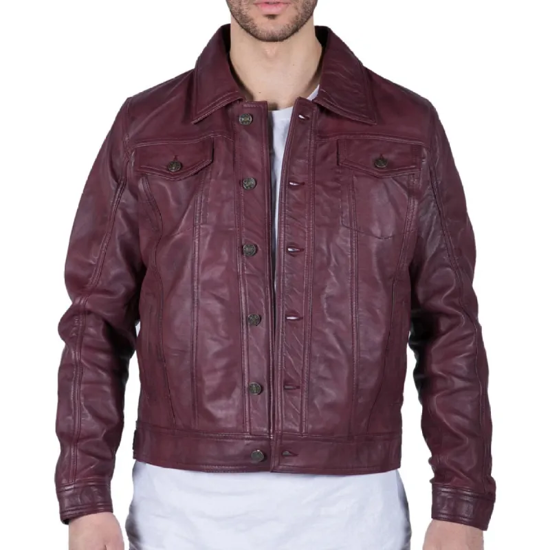 Men's Leather Shirt Jacket Burgundy Wine Jeans Brando Classic sold by Tru Clothing
