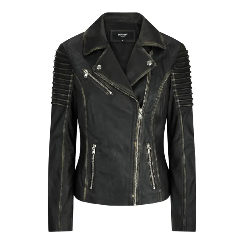 Women's Leather Black Gold Biker Jacket sold by Tru Clothing