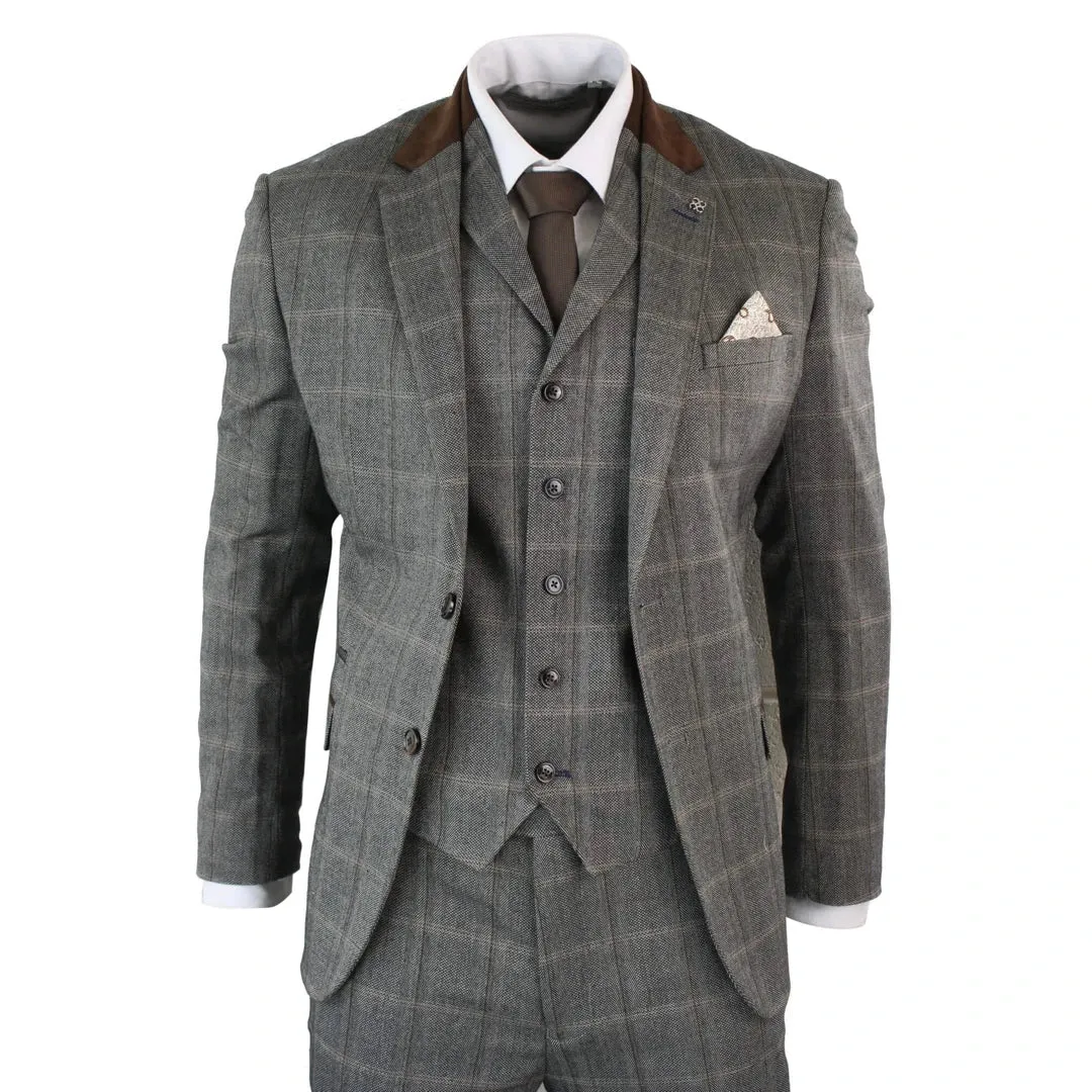 Connall - Men's Check Tweed Wool 3 Piece Tan Brown Beige Suit sold by Tru Clothing