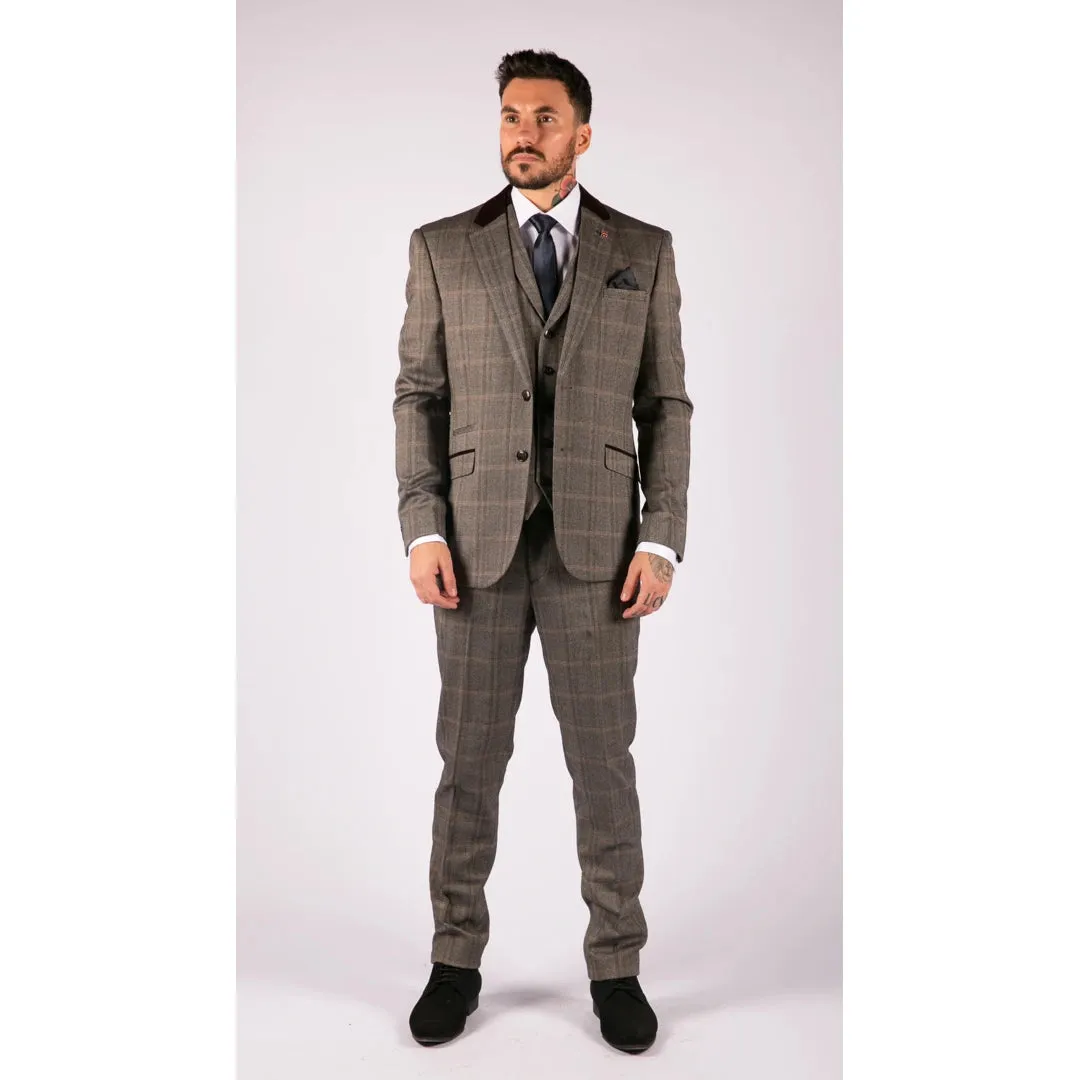 Connall - Men's Check Tweed Wool 3 Piece Tan Brown Beige Suit sold by Tru Clothing product image thumbnail 2