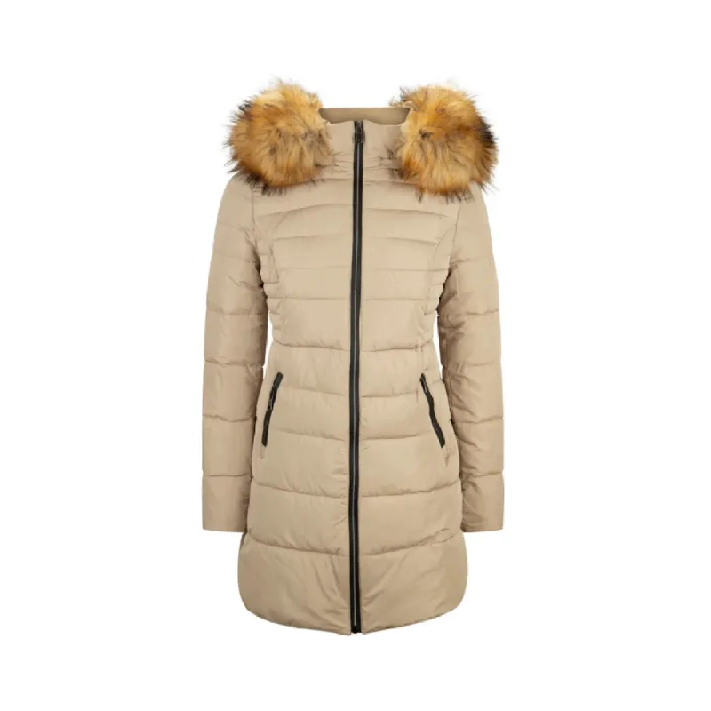 Women's 3/4 Parka Jacket Fur Hood Zipped Padded Puffer Black Beige Winter sold by Tru Clothing