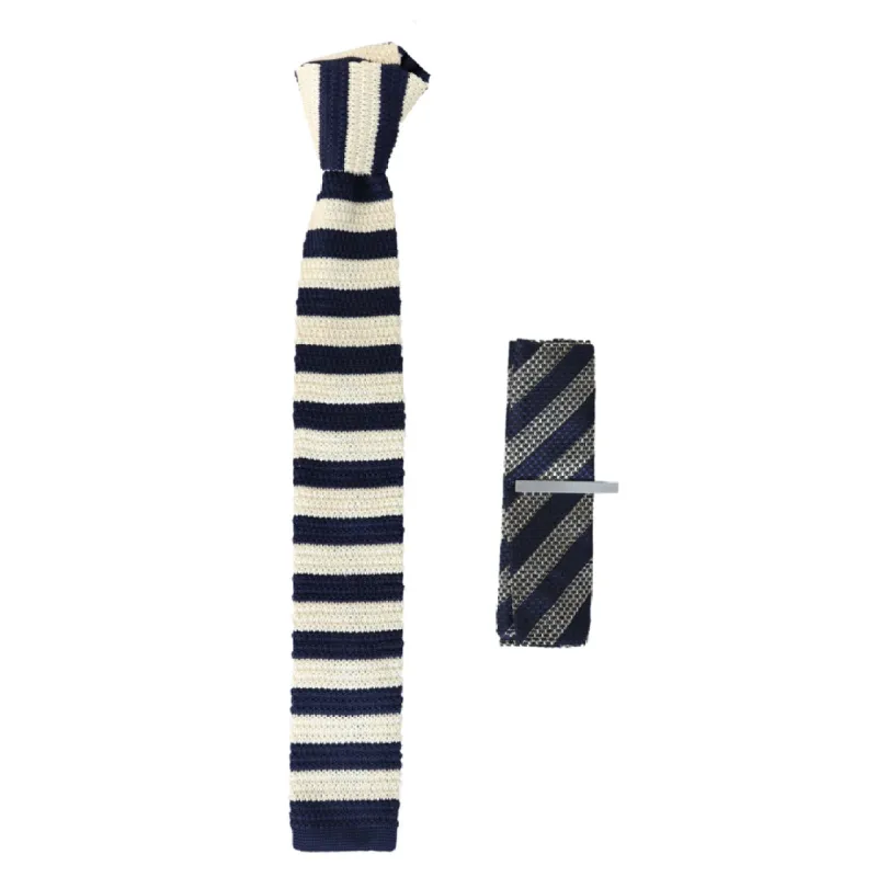 CV701 - Men's Knitted Tie Hankie & Pin Set Navy Cream Striped Formal Neck Tie made by Tru Clothing