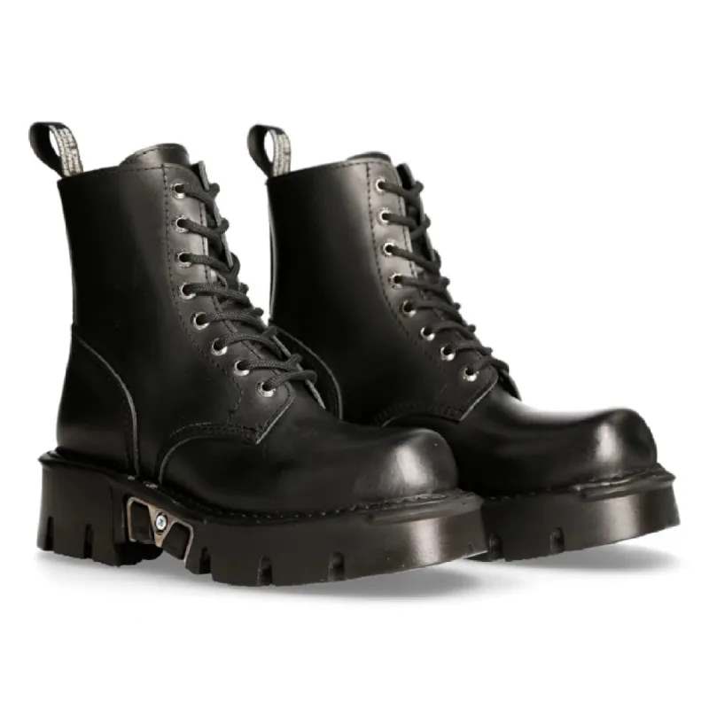 New Rock M-MILI084N-S Unisex Metallic Black 100% Leather Platform Military Boots made by Newrock