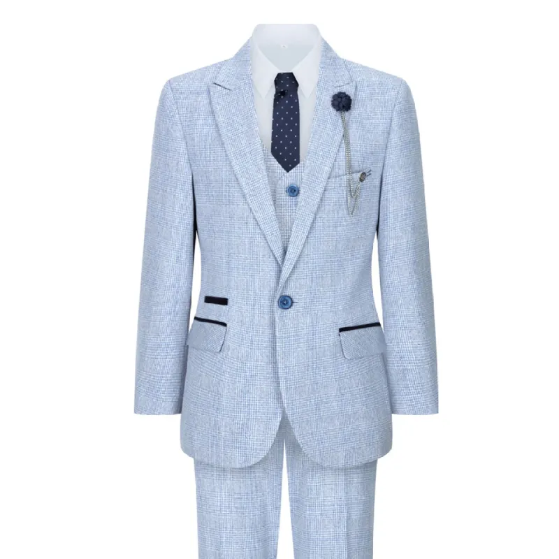 Caridi - Boys 3 Piece Check Suit Tweed Light Blue Wedding Peaky Classic sold by Tru Clothing