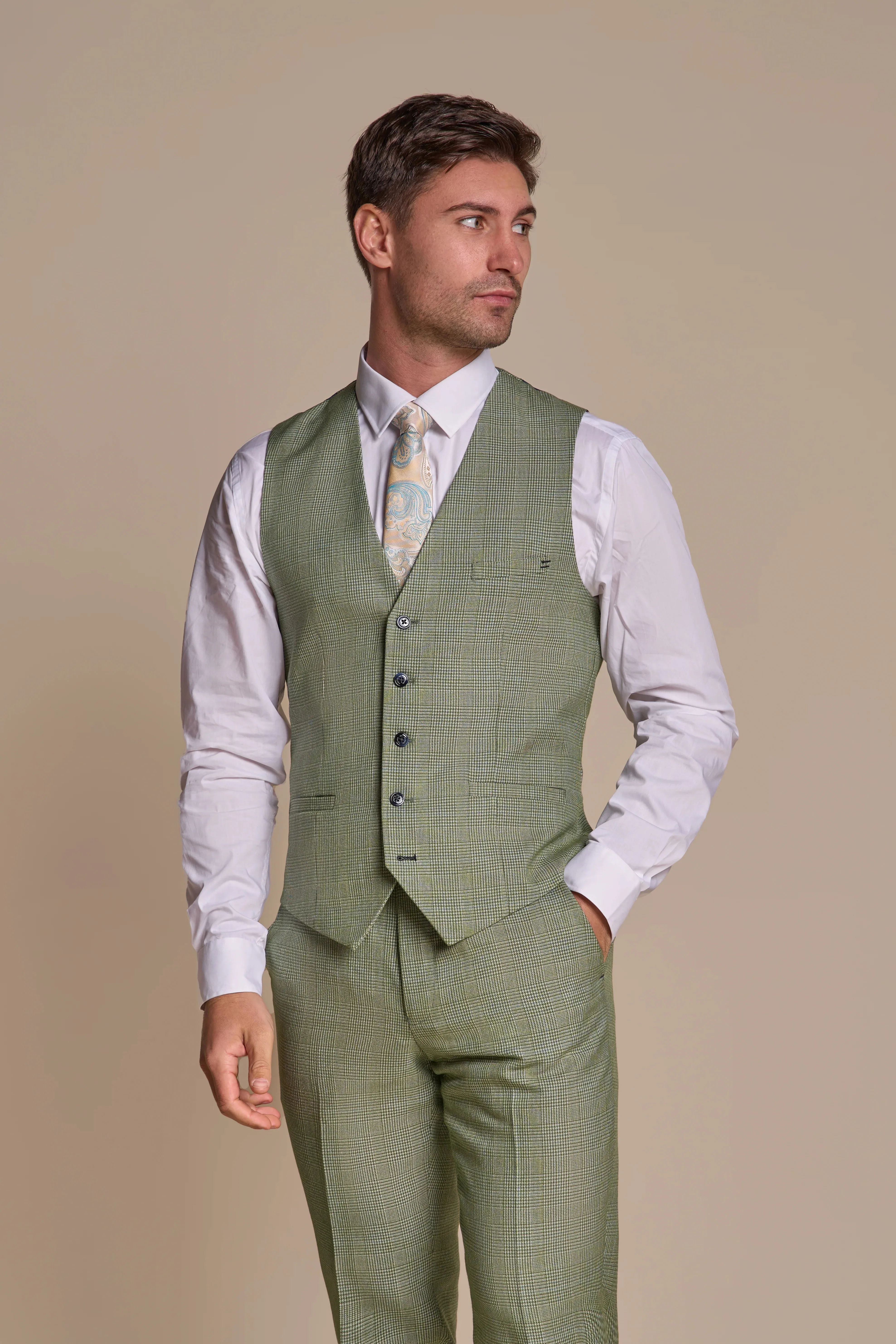 Caridi - Men's Sage Green Checked Waistcoat sold by Tru Clothing
